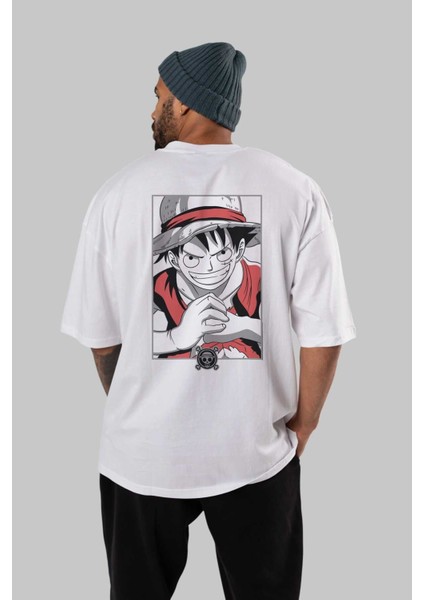 Luff D. Monkey Onepiece Anime Arka Baskılı Beyaz Oversize T-Shirt Pamuk Erkek Kadın fırsatları