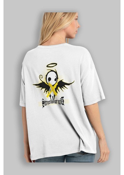 Black Angel Arka Baskılı Beyaz Oversize T-Shirt Erkek Kadın Bisiklet Yaka modelleri