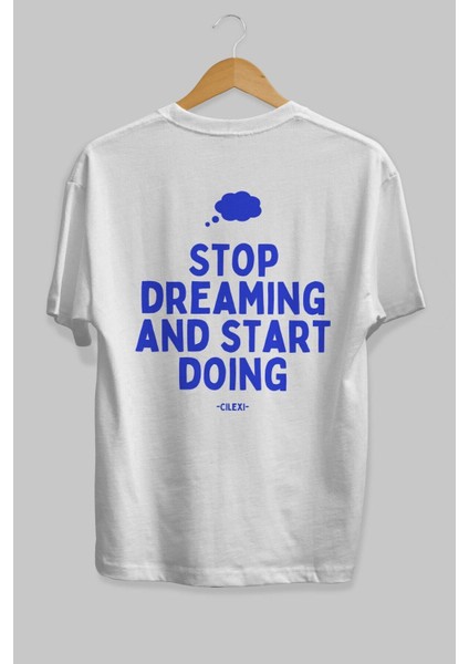 Stop Dreaming Yazılı Arka Baskılı Beyaz Oversize T-Shirt Erkek Kadın Bisiklet Yaka fiyatları
