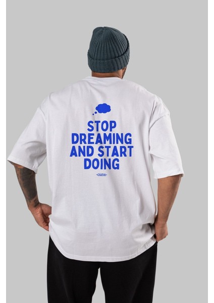 Stop Dreaming Yazılı Arka Baskılı Beyaz Oversize T-Shirt Erkek Kadın Bisiklet Yaka fırsatları