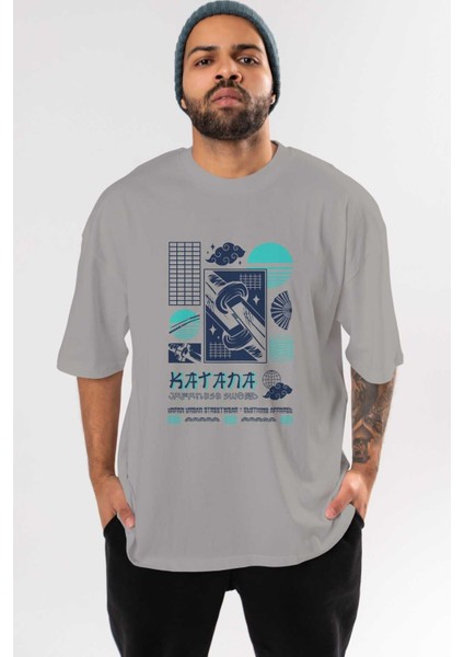 Katana Ön Baskılı Gri Oversize T-Shirt Unisex Erkek Kadın Bisiklet Yaka