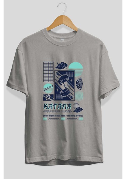 Katana Ön Baskılı Gri Oversize T-Shirt Unisex Erkek Kadın Bisiklet Yaka fiyatları