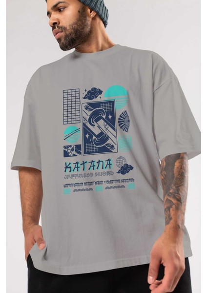 Katana Ön Baskılı Gri Oversize T-Shirt Unisex Erkek Kadın Bisiklet Yaka modelleri