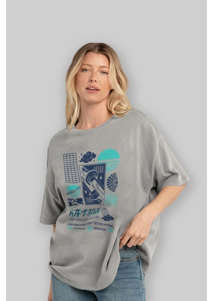Katana Ön Baskılı Gri Oversize T-Shirt Unisex Erkek Kadın Bisiklet Yaka fırsatları