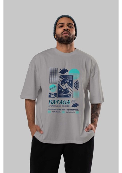 Katana Ön Baskılı Gri Oversize T-Shirt Unisex Erkek Kadın Bisiklet Yaka indirimleri