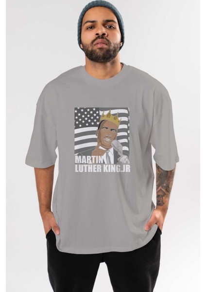 Luther King Ön Baskılı Gri Oversize T-Shirt Unisex Erkek Kadın Bisiklet Yaka