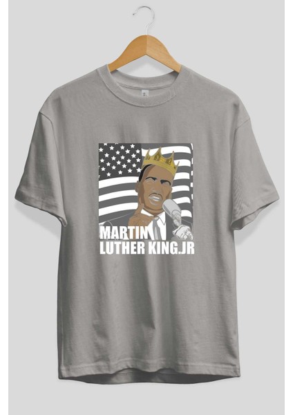 Luther King Ön Baskılı Gri Oversize T-Shirt Unisex Erkek Kadın Bisiklet Yaka fiyatları
