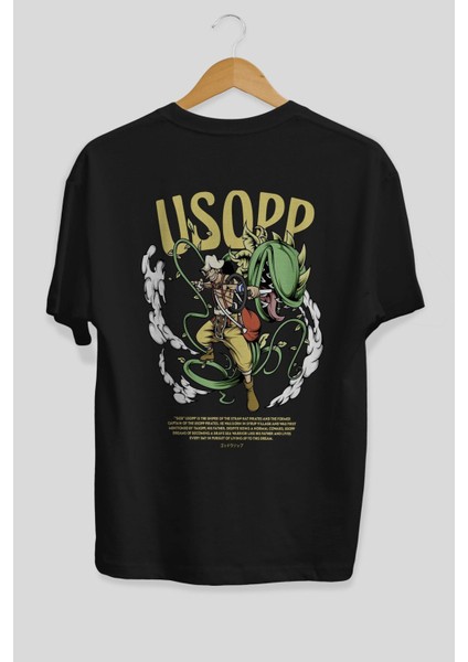 Usopp Anime Arka Baskılı Siyah Oversize T-Shirt Erkek Kadın modelleri
