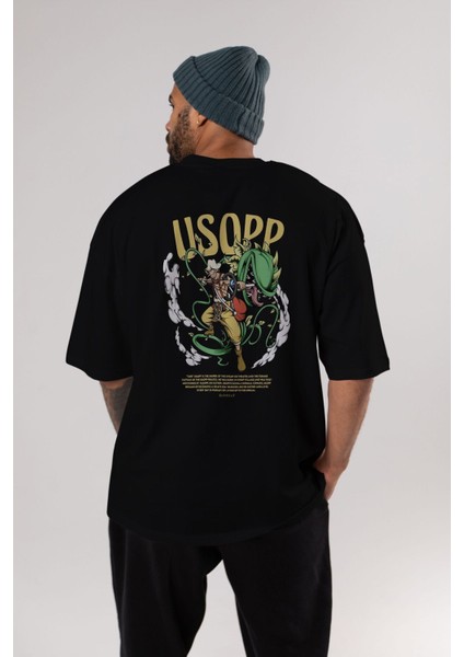 Usopp Anime Arka Baskılı Siyah Oversize T-Shirt Erkek Kadın fırsatları