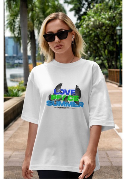 Love Peace Summer Ön Baskılı Beyaz Oversize T-Shirt Erkek Kadın Bisiklet Yaka