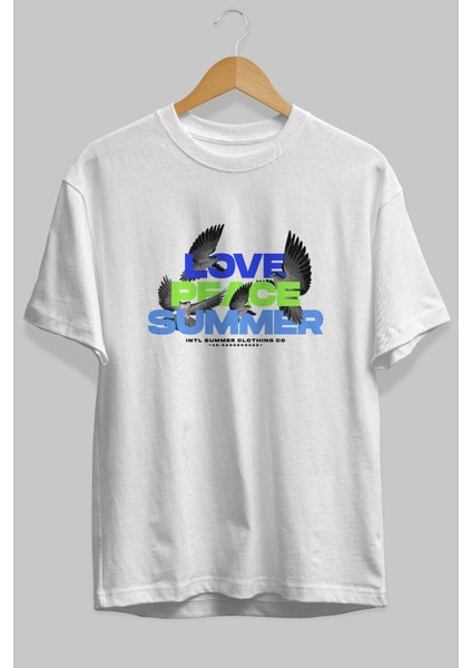 Love Peace Summer Ön Baskılı Beyaz Oversize T-Shirt Erkek Kadın Bisiklet Yaka fiyatları