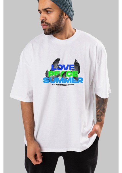 Love Peace Summer Ön Baskılı Beyaz Oversize T-Shirt Erkek Kadın Bisiklet Yaka modelleri