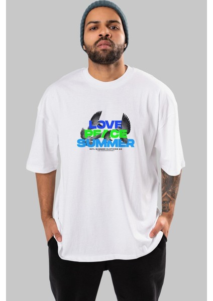 Love Peace Summer Ön Baskılı Beyaz Oversize T-Shirt Erkek Kadın Bisiklet Yaka fırsatları