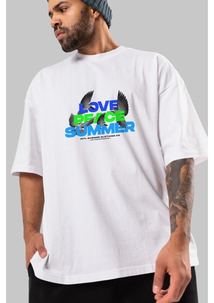 Love Peace Summer Ön Baskılı Beyaz Oversize T-Shirt Erkek Kadın Bisiklet Yaka indirimleri