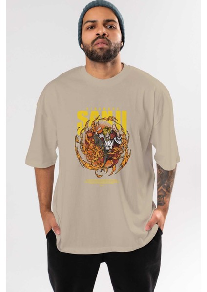 Vinsmoke Sanji Anime Ön Baskılı Bej Oversize T-Shirt Erkek Kadın