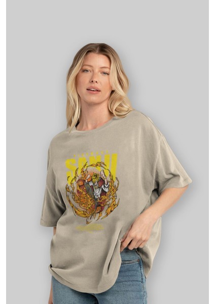Vinsmoke Sanji Anime Ön Baskılı Bej Oversize T-Shirt Erkek Kadın modelleri