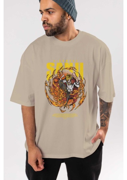 Vinsmoke Sanji Anime Ön Baskılı Bej Oversize T-Shirt Erkek Kadın indirimleri