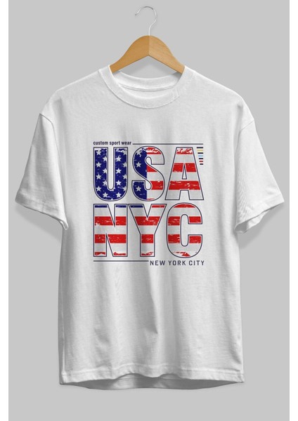 Usa Nyc Ön Baskılı Beyaz Oversize T-Shirt Erkek Kadın Bisiklet Yaka fiyatları