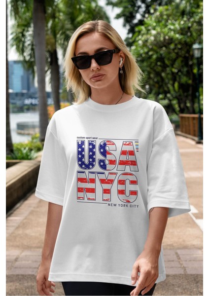 Usa Nyc Ön Baskılı Beyaz Oversize T-Shirt Erkek Kadın Bisiklet Yaka modelleri