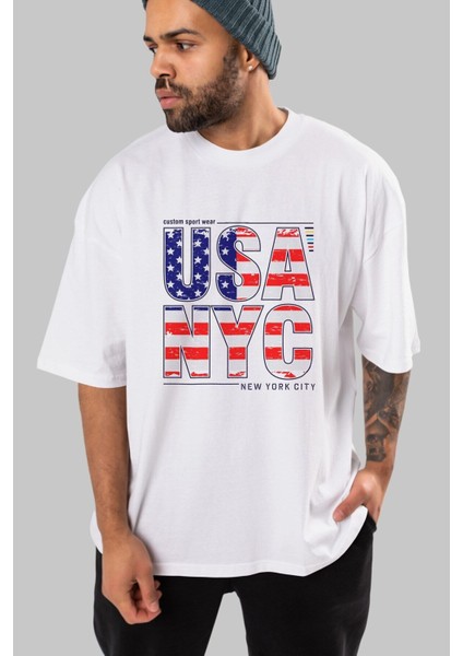 Usa Nyc Ön Baskılı Beyaz Oversize T-Shirt Erkek Kadın Bisiklet Yaka fırsatları