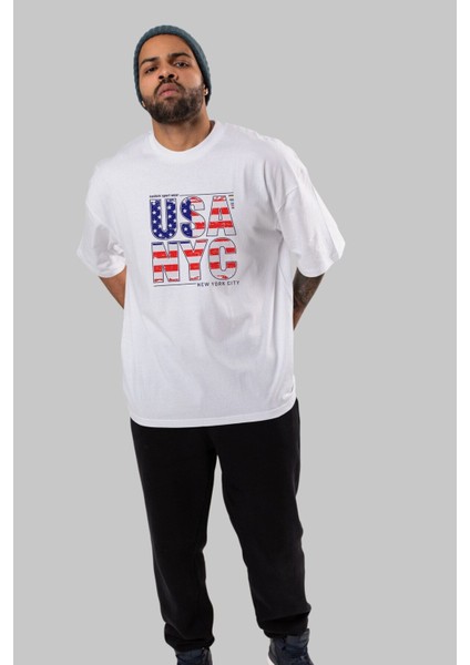Usa Nyc Ön Baskılı Beyaz Oversize T-Shirt Erkek Kadın Bisiklet Yaka indirimleri