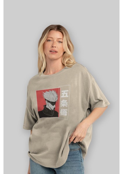Jujutsu Kaısen 2 Anime Ön Baskılı Bej Oversize T-Shirt Erkek Kadın modelleri
