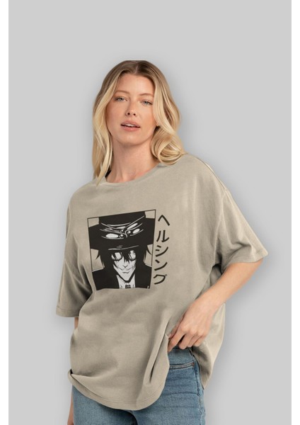 Alucard 1 Anime Ön Baskılı Bej Oversize T-Shirt Erkek Kadın modelleri