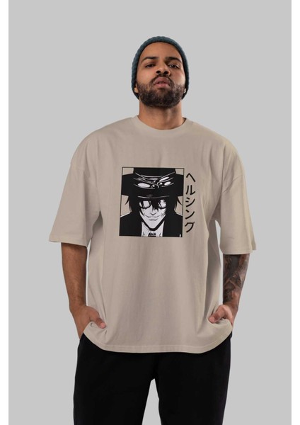 Alucard 1 Anime Ön Baskılı Bej Oversize T-Shirt Erkek Kadın fırsatları
