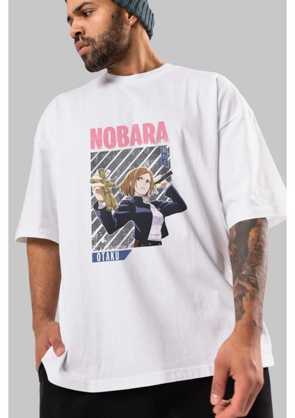 Nobara Kugisaki 6 Anime Ön Baskılı Beyaz Oversize T-Shirt Erkek Kadın modelleri