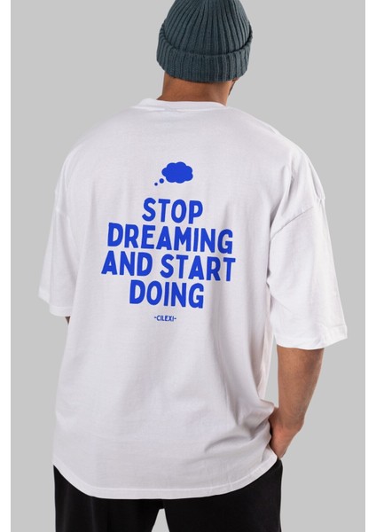 Stop Dreaming Yazılı Arka Baskılı Beyaz Oversize T-Shirt Erkek Kadın Bisiklet Yaka indirimleri