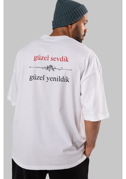 Güzel Sevdik ,güzel Arka Baskılı Beyaz Oversize T-Shirt Erkek Kadın Bisiklet Yaka indirimleri