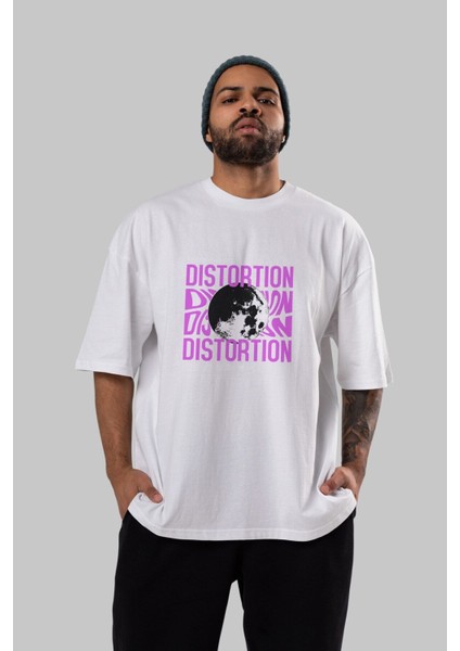 Distortion Ön Baskılı Beyaz Oversize T-Shirt Erkek Kadın Bisiklet Yaka