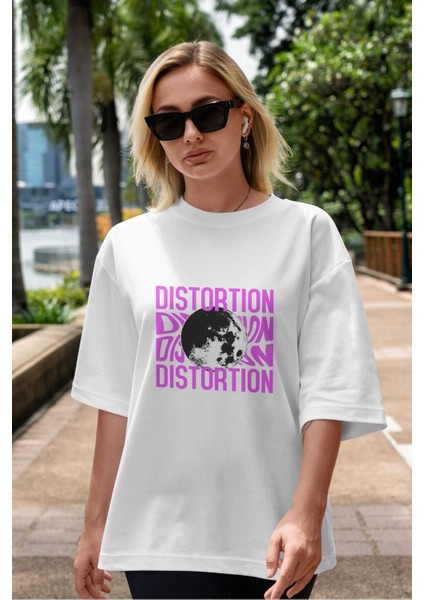 Distortion Ön Baskılı Beyaz Oversize T-Shirt Erkek Kadın Bisiklet Yaka fiyatları