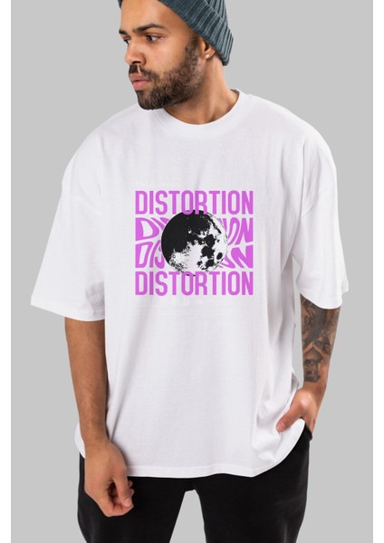 Distortion Ön Baskılı Beyaz Oversize T-Shirt Erkek Kadın Bisiklet Yaka fırsatları
