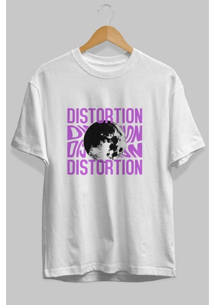 Distortion Ön Baskılı Beyaz Oversize T-Shirt Erkek Kadın Bisiklet Yaka indirimleri
