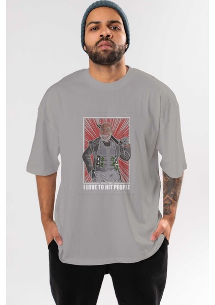 Blade Tyson Ön Baskılı Gri Oversize T-Shirt Unisex Erkek Kadın Bisiklet Yaka