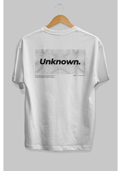 Unknown Yazılı Arka Baskılı Beyaz Oversize T-Shirt Erkek Kadın Bisiklet Yaka fiyatları