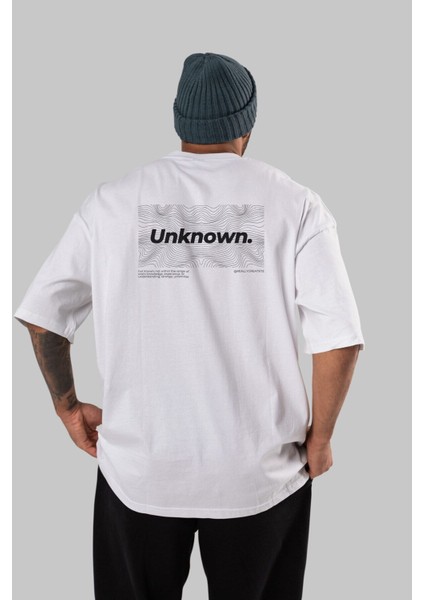 Unknown Yazılı Arka Baskılı Beyaz Oversize T-Shirt Erkek Kadın Bisiklet Yaka fırsatları