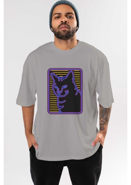 Neon Cat Ön Baskılı Gri Oversize T-Shirt Unisex Erkek Kadın Bisiklet Yaka