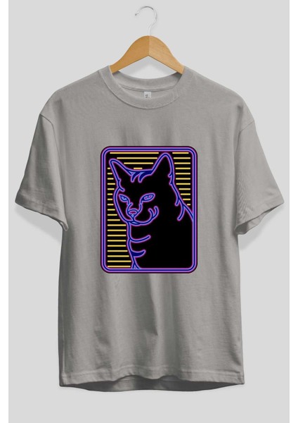 Neon Cat Ön Baskılı Gri Oversize T-Shirt Unisex Erkek Kadın Bisiklet Yaka fiyatları