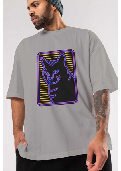 Neon Cat Ön Baskılı Gri Oversize T-Shirt Unisex Erkek Kadın Bisiklet Yaka modelleri