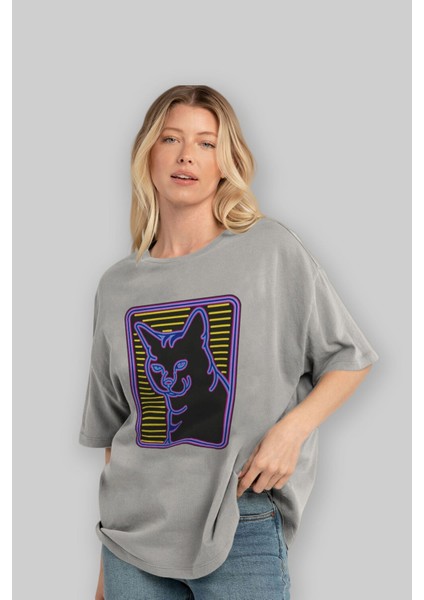 Neon Cat Ön Baskılı Gri Oversize T-Shirt Unisex Erkek Kadın Bisiklet Yaka fırsatları