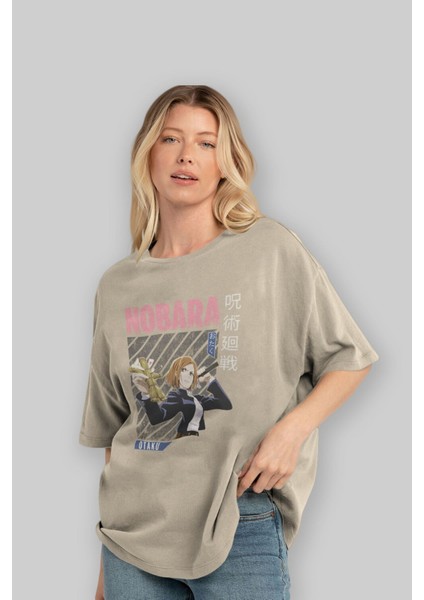 Nobara Kugisaki 6 Anime Ön Baskılı Bej Oversize T-Shirt Erkek Kadın modelleri