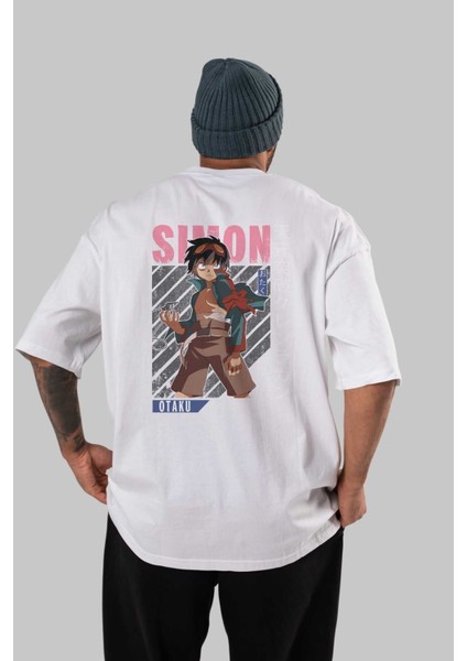Simon 5 Anime Arka Baskılı Beyaz Oversize T-Shirt Pamuk Erkek Kadın