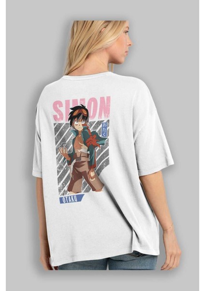 Simon 5 Anime Arka Baskılı Beyaz Oversize T-Shirt Pamuk Erkek Kadın modelleri