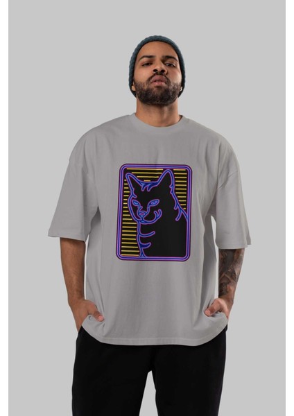Neon Cat Ön Baskılı Gri Oversize T-Shirt Unisex Erkek Kadın Bisiklet Yaka indirimleri