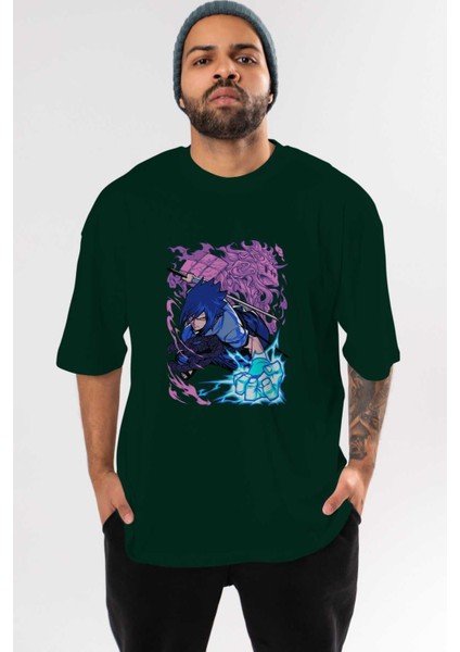 Naruto Sasuke Uchıha 2 Anime Ön Baskılı Zümrüt Yeşili Oversize T-Shirt Erkek Kadın