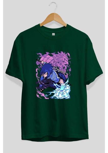 Naruto Sasuke Uchıha 2 Anime Ön Baskılı Zümrüt Yeşili Oversize T-Shirt Erkek Kadın fiyatları