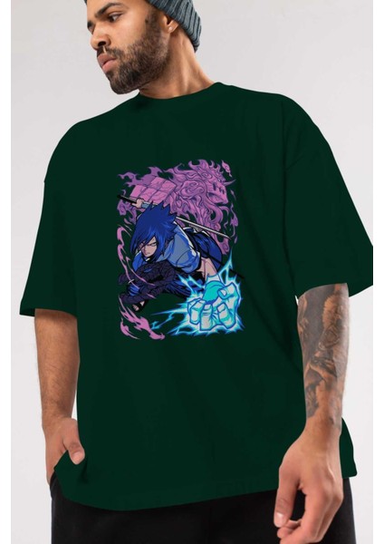 Naruto Sasuke Uchıha 2 Anime Ön Baskılı Zümrüt Yeşili Oversize T-Shirt Erkek Kadın modelleri
