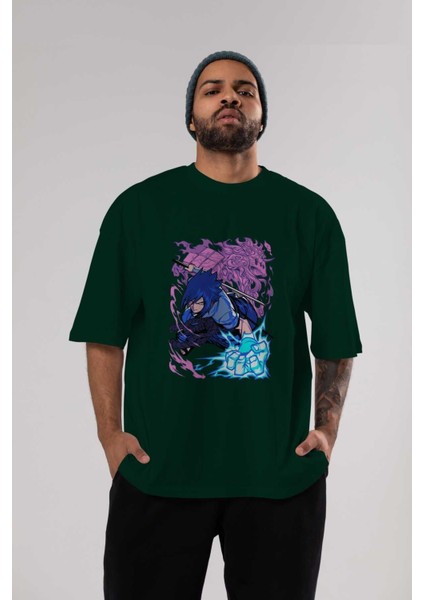 Naruto Sasuke Uchıha 2 Anime Ön Baskılı Zümrüt Yeşili Oversize T-Shirt Erkek Kadın indirimleri